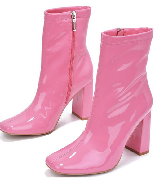 Pink Patent Leatherette Square Toe Belinda Booties