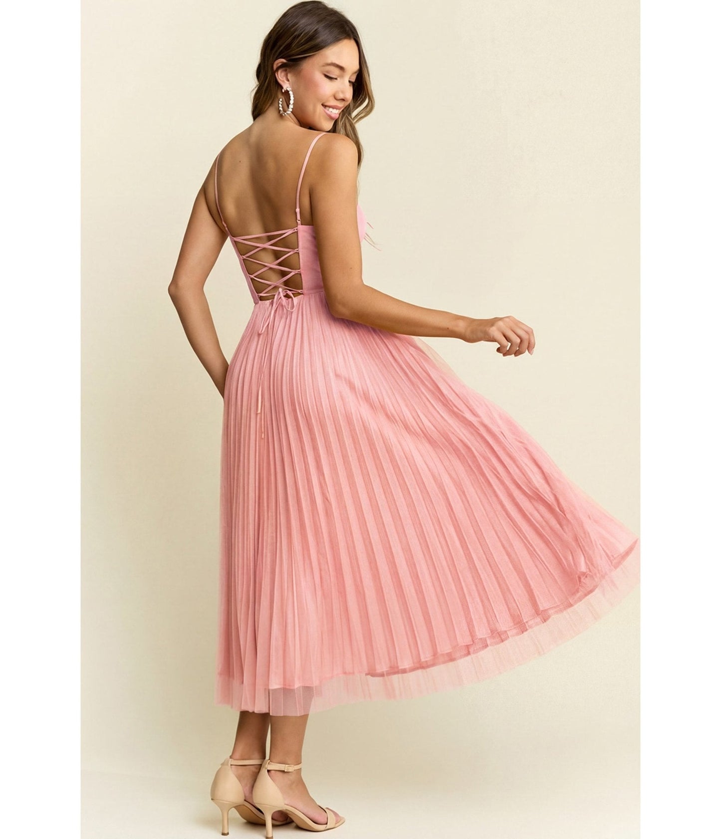 Pink Pleated Tulle Midi Dress
