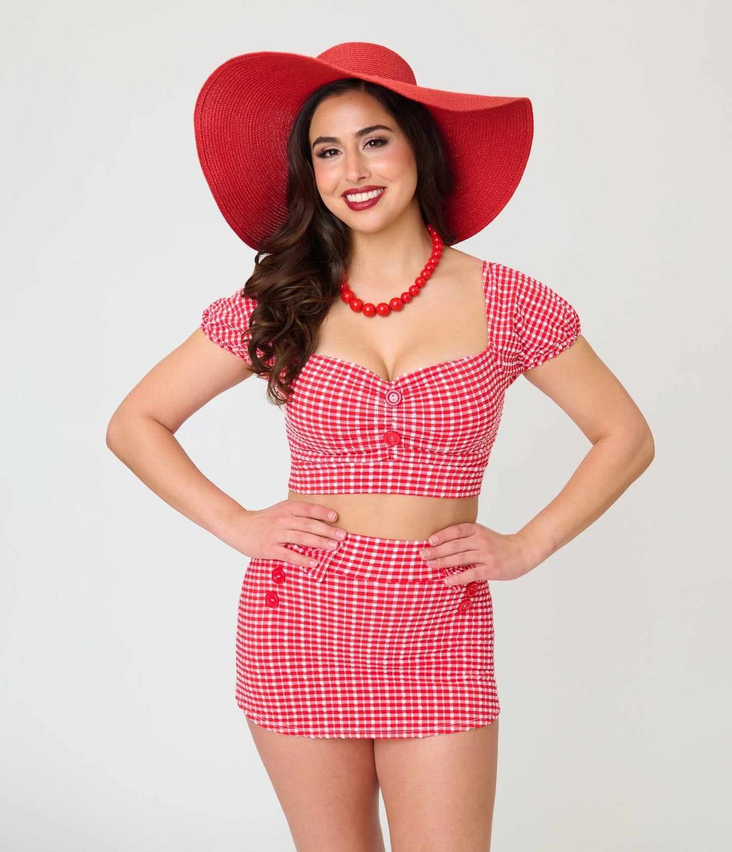 Pinky Pinups Red Gingham Bow Accent Swim Skirt
