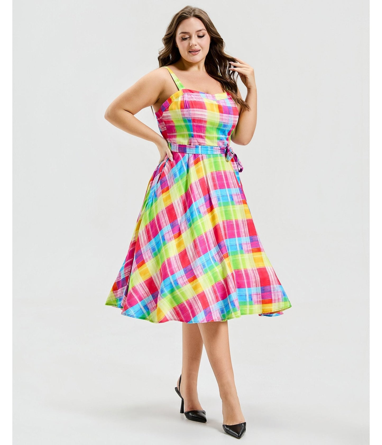 Plus Size Rainbow Plaid Lori Swing Dress