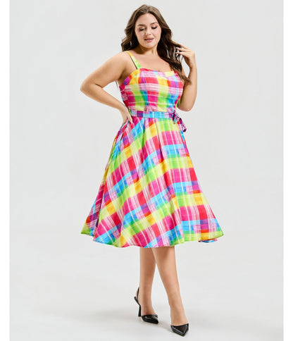 Plus Size Rainbow Plaid Lori Swing Dress