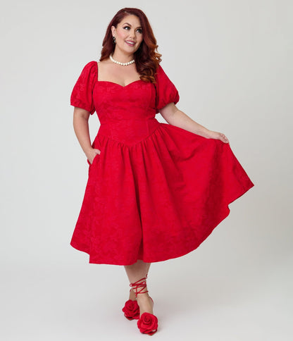 Smak Parlour Plus Size Red Brocade Sweetheart Swing Dress