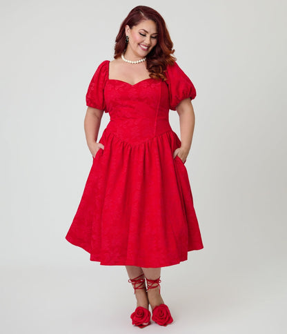Smak Parlour Plus Size Red Brocade Sweetheart Swing Dress