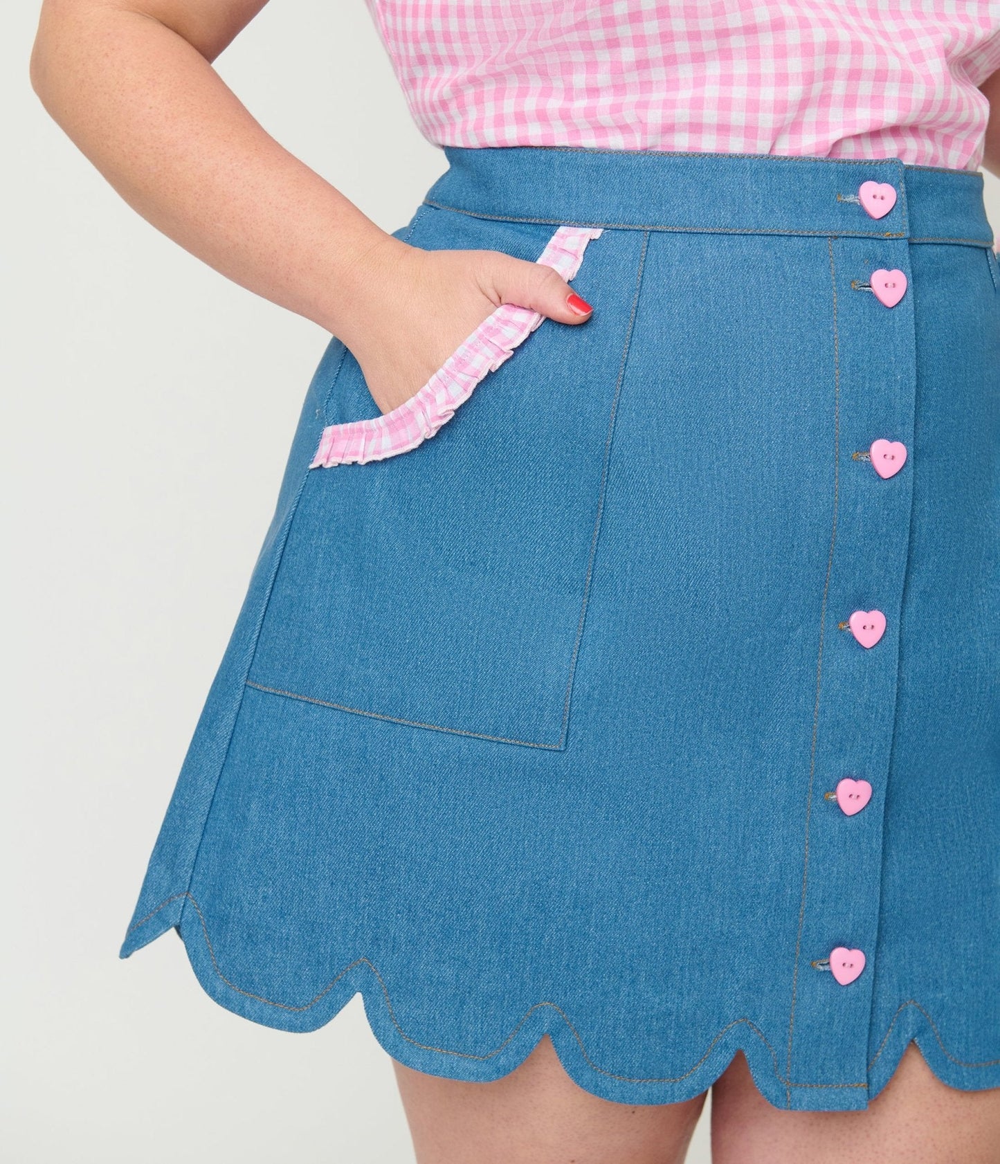Smak Parlour Plus Size Denim & Pink Gingham Campus Mini Skirt