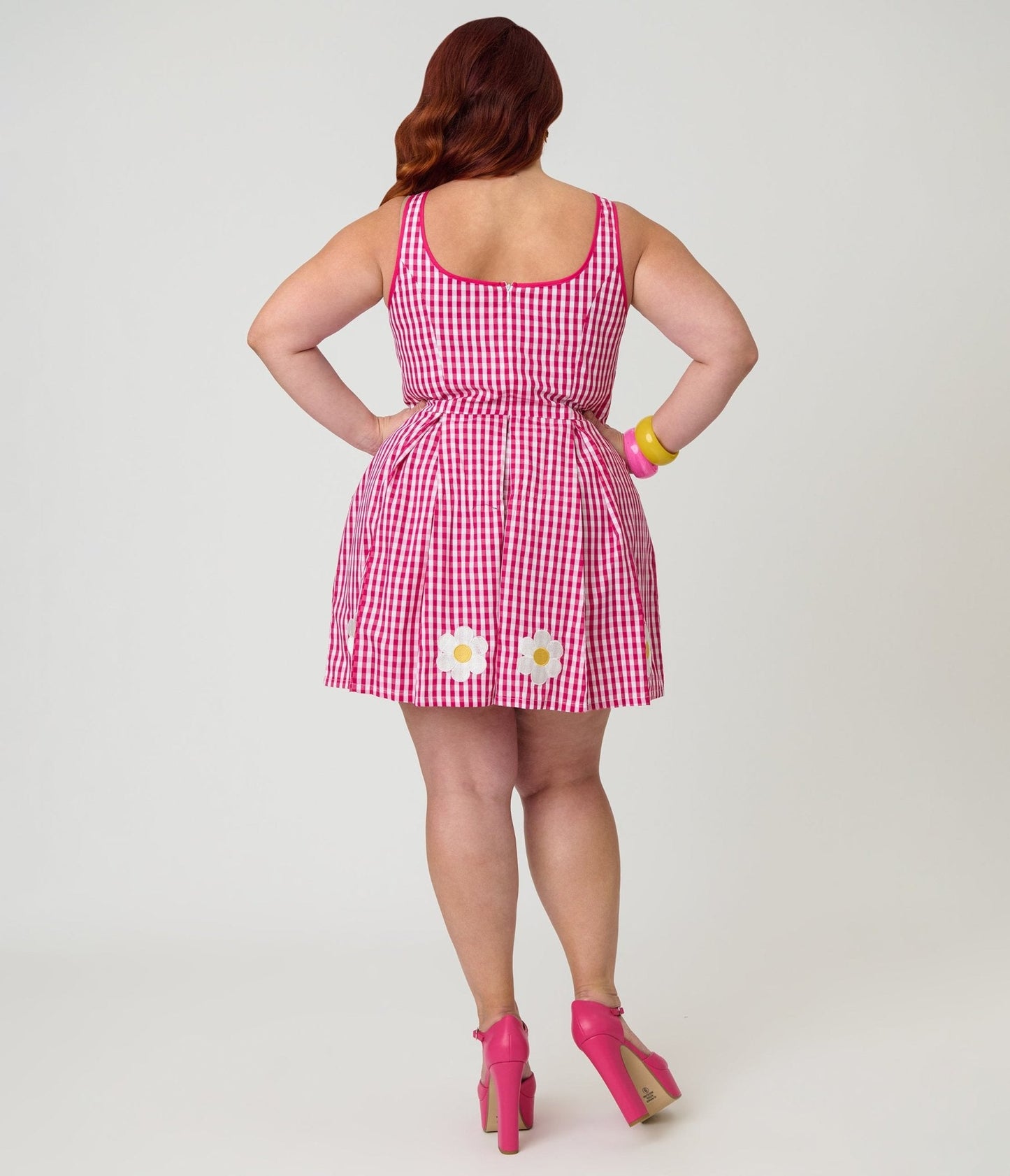 Smak Parlour Plus Size Hot Pink Gingham & Daisy Pleated Skirted Romper