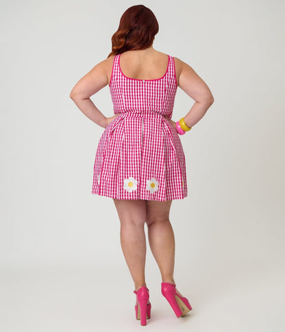 Smak Parlour Plus Size Hot Pink Gingham & Daisy Pleated Skirted Romper