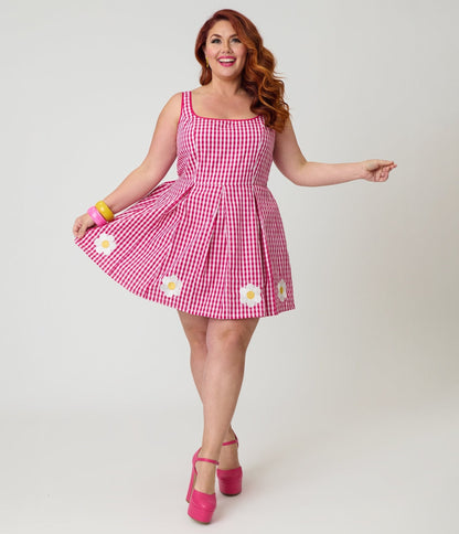 Smak Parlour Plus Size Hot Pink Gingham & Daisy Pleated Skirted Romper