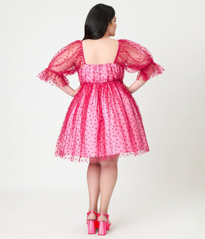 Smak Parlour Plus Size Hot Pink Glitter Hearts Love Interest Babydoll Dress