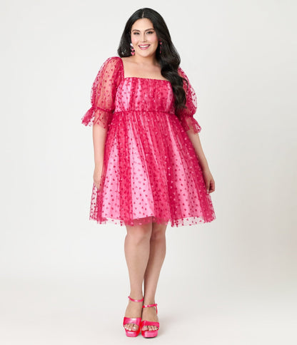 Smak Parlour Plus Size Hot Pink Glitter Hearts Love Interest Babydoll Dress