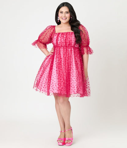 Smak Parlour Plus Size Hot Pink Glitter Hearts Love Interest Babydoll Dress