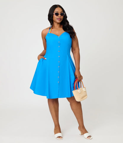 Smak Parlour Plus Size Royal Blue & Rainbow Sweetheart Halter Flare Dress