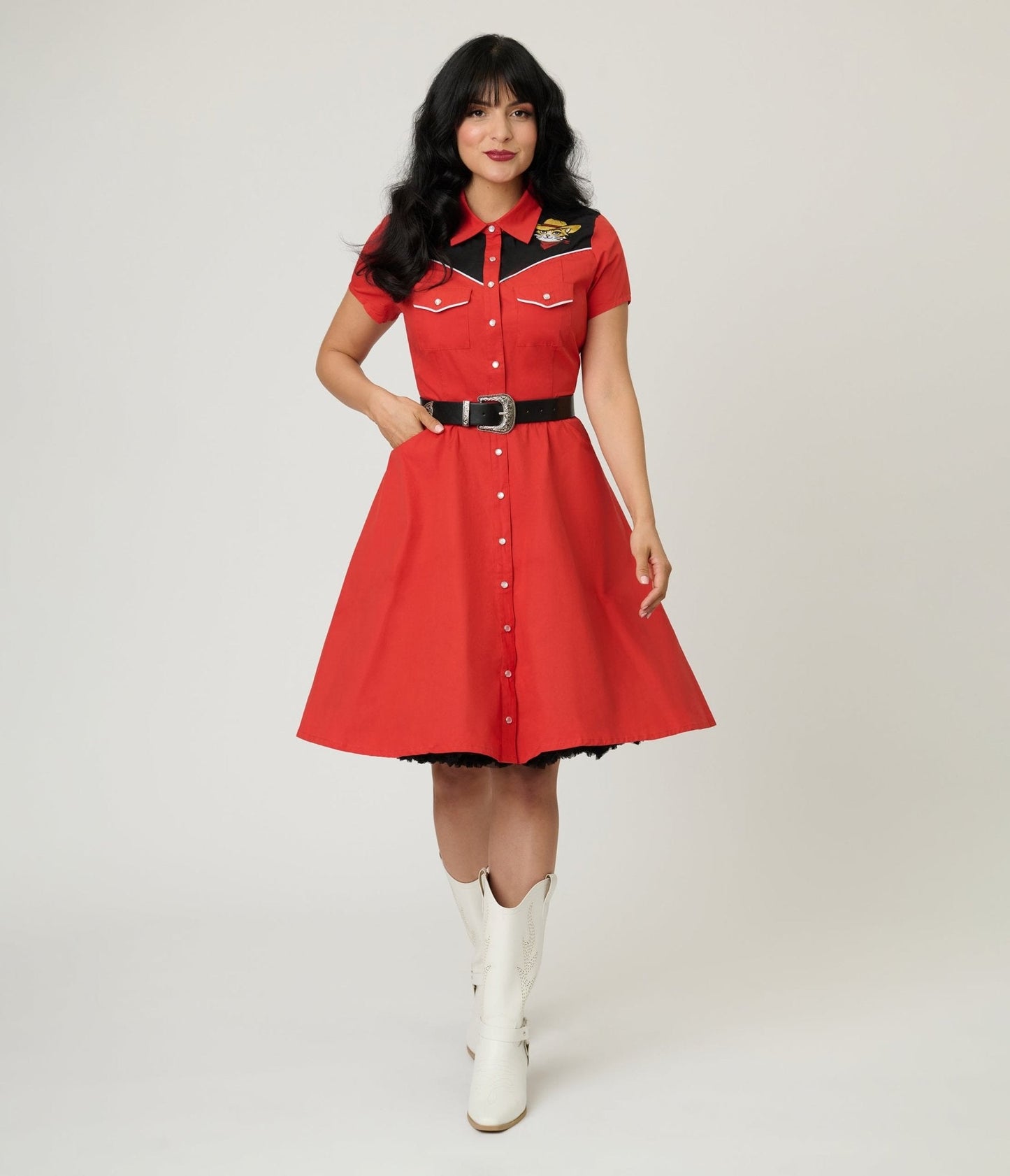 Smak Parlour Red Embroidered Cowboy Cat Western Flare Dress