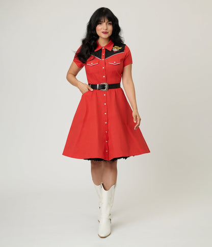 Smak Parlour Red Embroidered Cowboy Cat Western Flare Dress