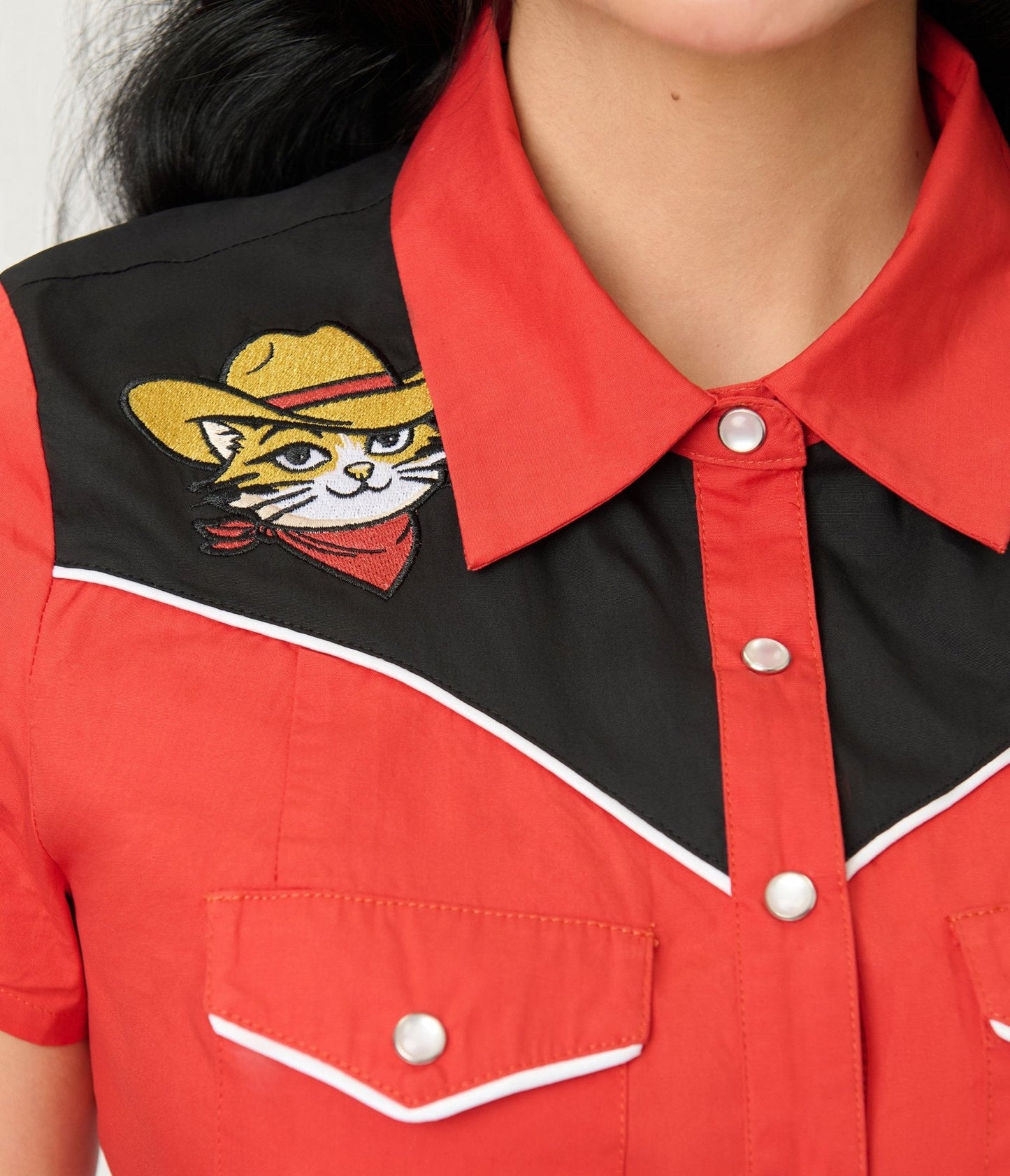 Smak Parlour Red Embroidered Cowboy Cat Western Flare Dress