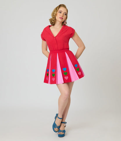 Smak Parlour Red & Pink Rainbow Heart Pleated Mini Skirt