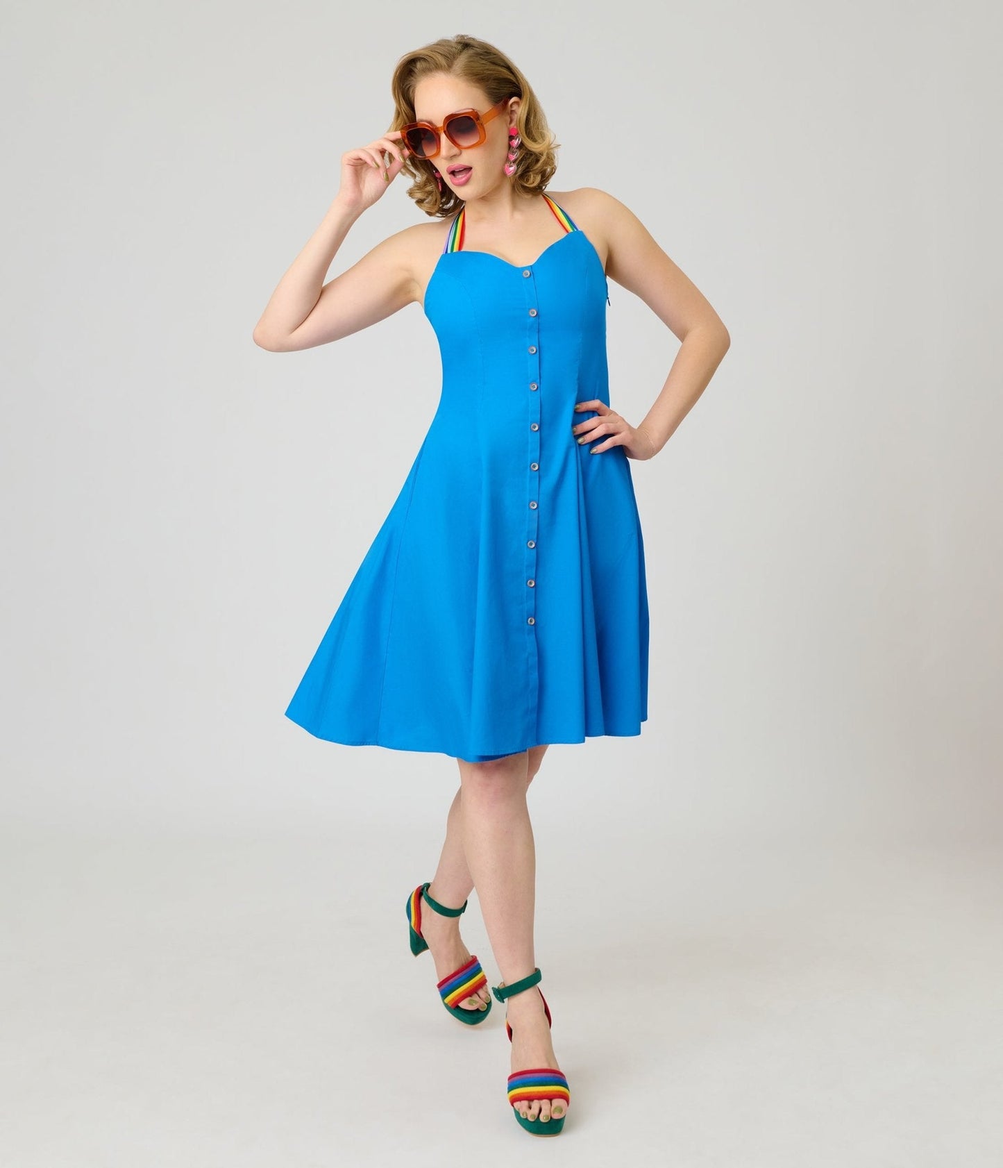 Smak Parlour Royal Blue & Rainbow Sweetheart Halter Flare Dress