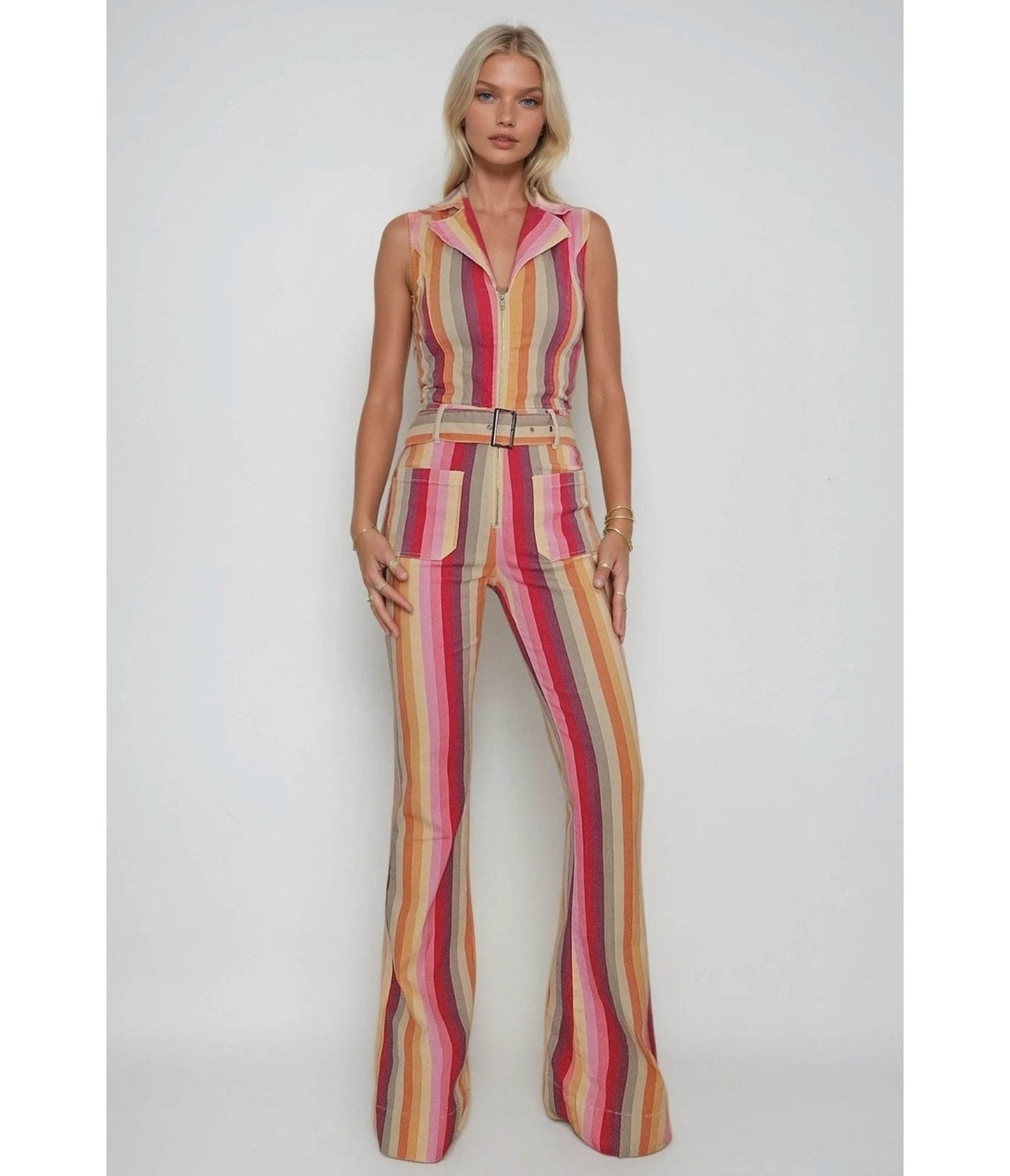 Striped Denim Belted Cotton Jumpsuit