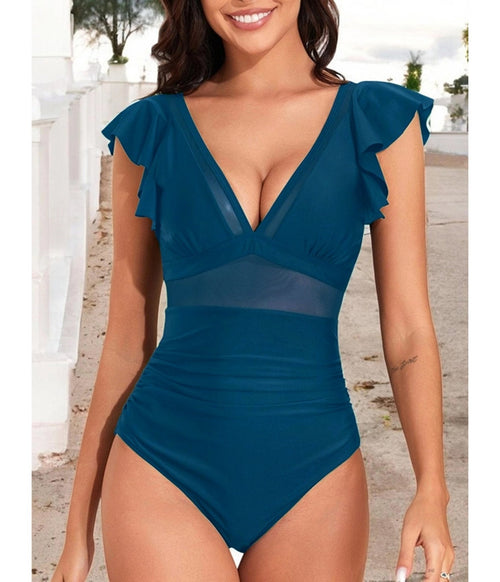 Teal Ruffle Sleeve One Piece Swimsuit