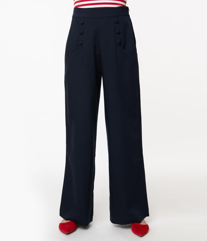 Unique Vintage 1940s Navy Blue High Waist Sailor Ginger Pants