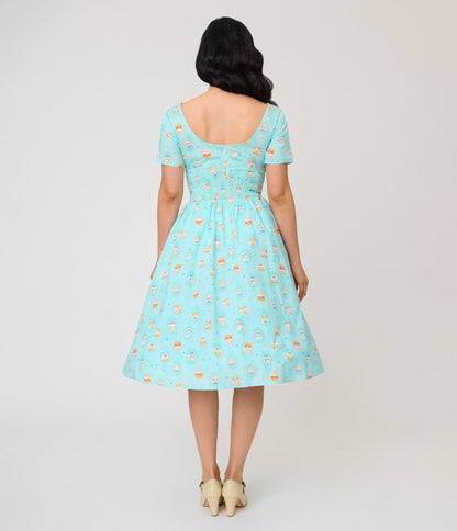 Unique Vintage Baby Blue Cat Print Swing Dress