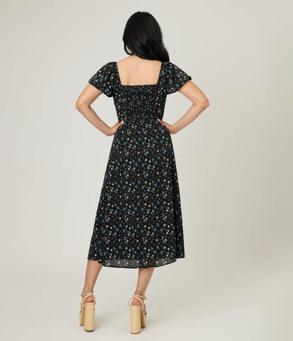 Unique Vintage Black & Blue Floral Puff Sleeve Midi Dress