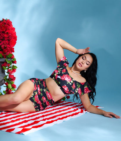Unique Vintage Black & Cabbage Roses Monroe High Waist Swim Bottom