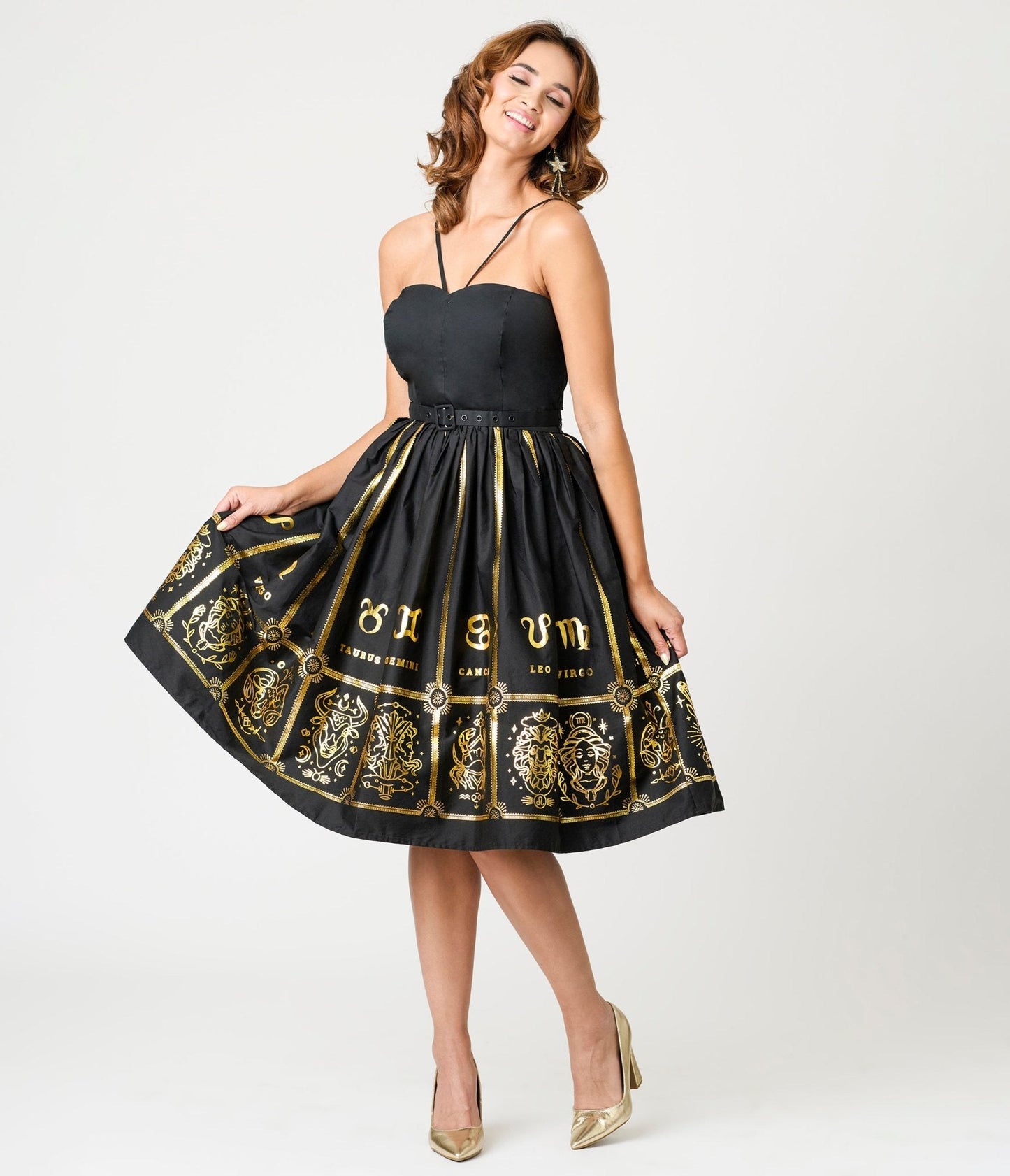 Unique Vintage Black & Gold Astrological Chart Sweetheart Halter Swing Dress