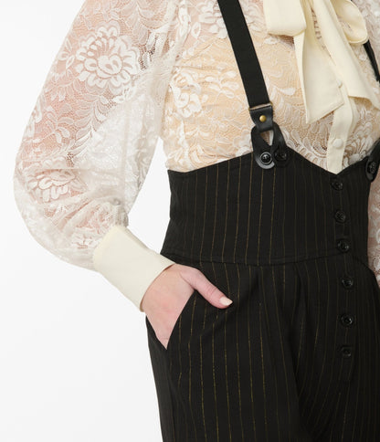Unique Vintage Black & Gold Pinstripe Thelma Suspender Pants