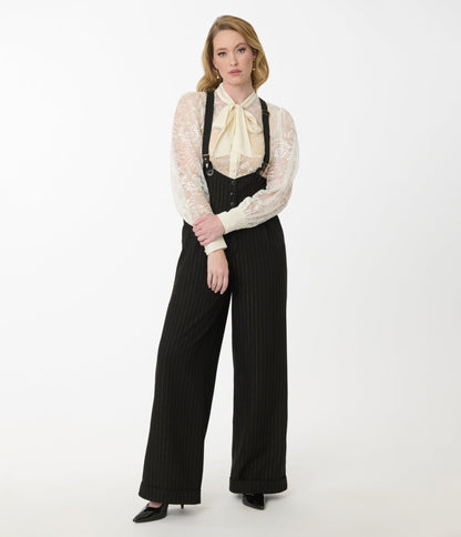Unique Vintage Black & Gold Pinstripe Thelma Suspender Pants