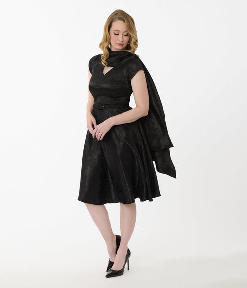 Unique Vintage Black Jacquard Sash Swing Dress