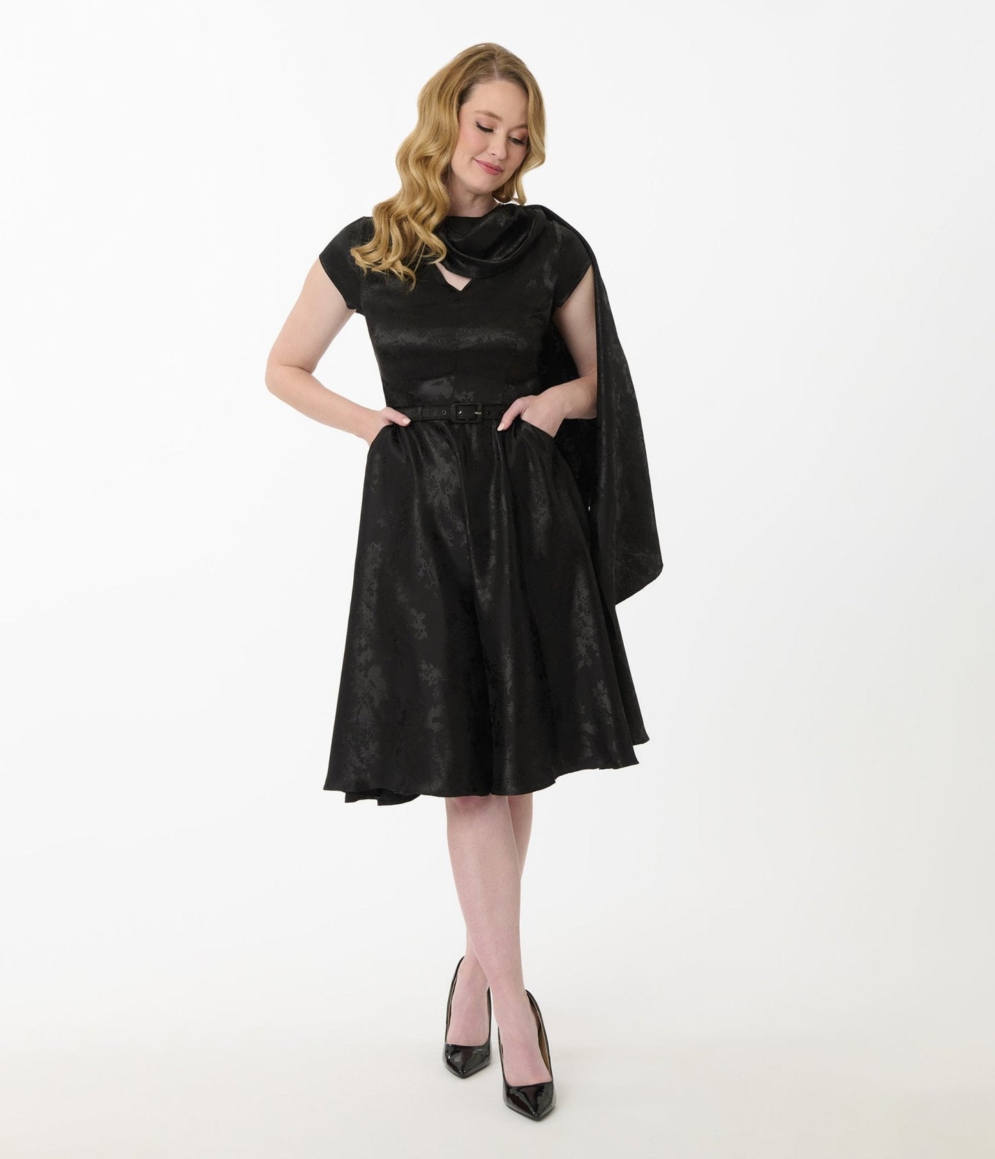 Unique Vintage Black Jacquard Sash Swing Dress