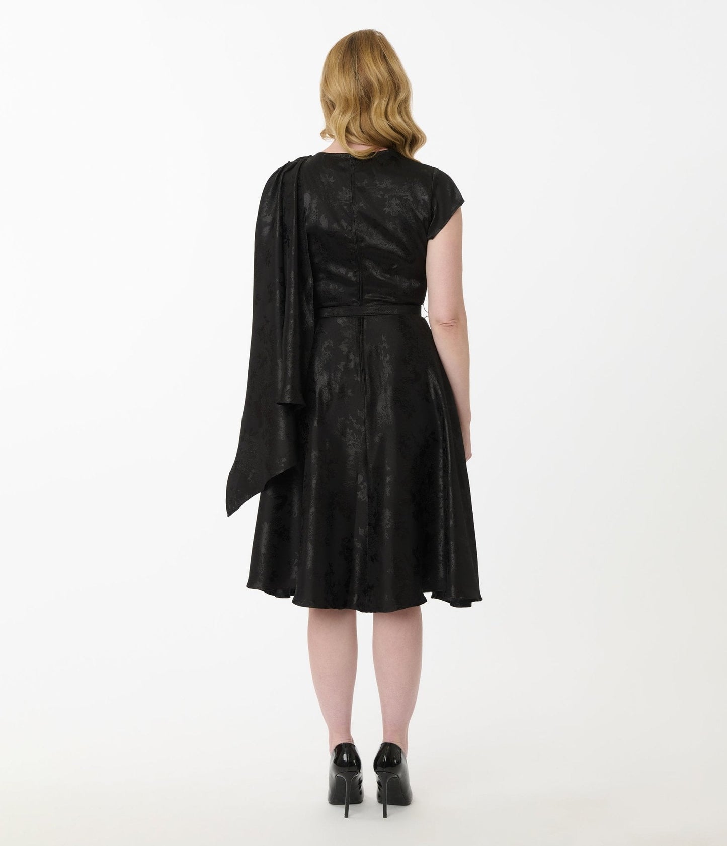 Unique Vintage Black Jacquard Sash Swing Dress