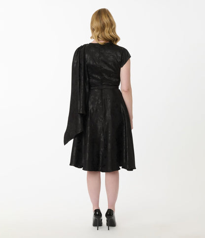 Unique Vintage Black Jacquard Sash Swing Dress