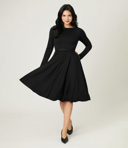 Unique Vintage Black Long Sleeve Devon Swing Dress