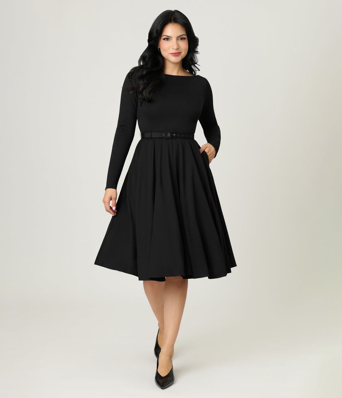 Unique Vintage Black Long Sleeve Devon Swing Dress