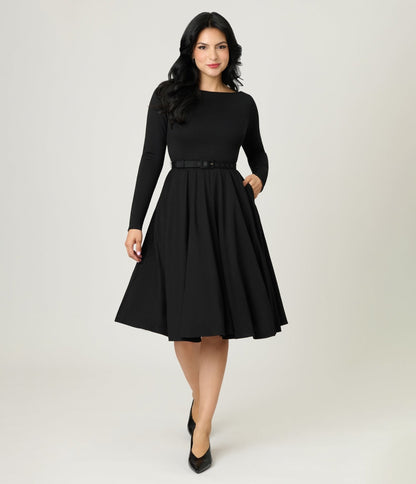 Unique Vintage Black Long Sleeve Devon Swing Dress