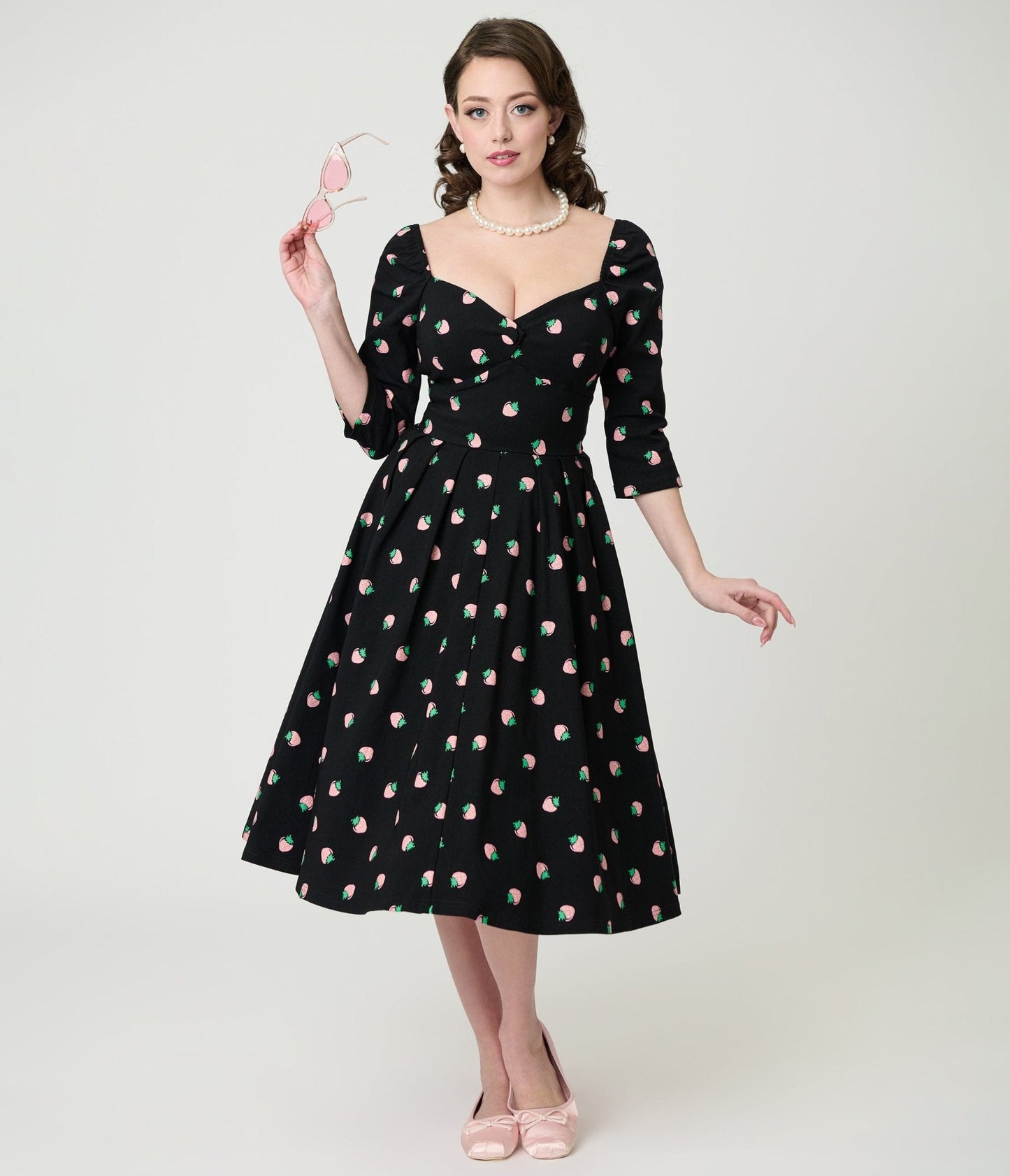 Unique Vintage Black & Pink Strawberry Lamar Swing Dress
