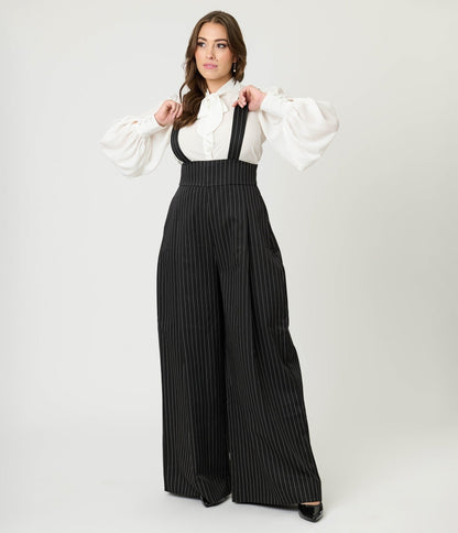 Unique Vintage Black Pinstripe Rochelle Suspender Pants