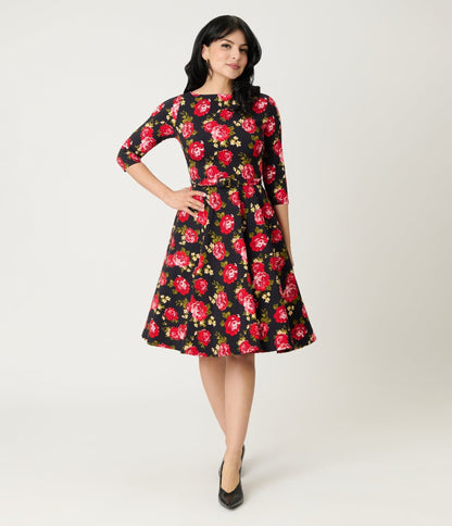 Unique Vintage Black & Red Cabbage Rose Devon Swing Dress