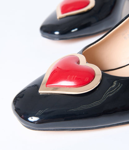 Unique Vintage Black & Red Heart Leatherette Slingback Heels