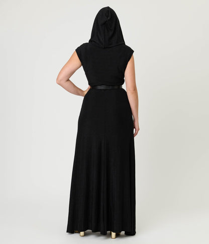 Unique Vintage Black Shimmer Snake Hooded Maxi Dress