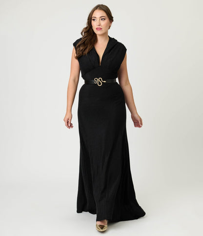 Unique Vintage Black Shimmer Snake Hooded Maxi Dress