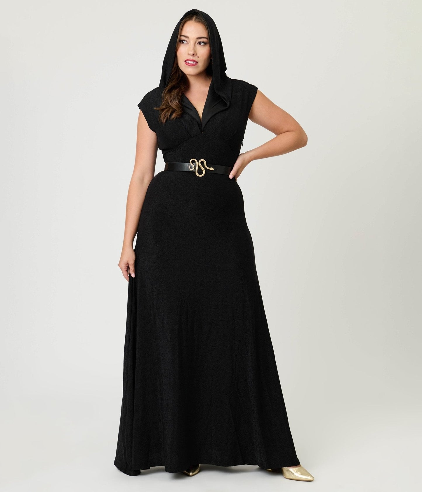 Unique Vintage Black Shimmer Snake Hooded Maxi Dress