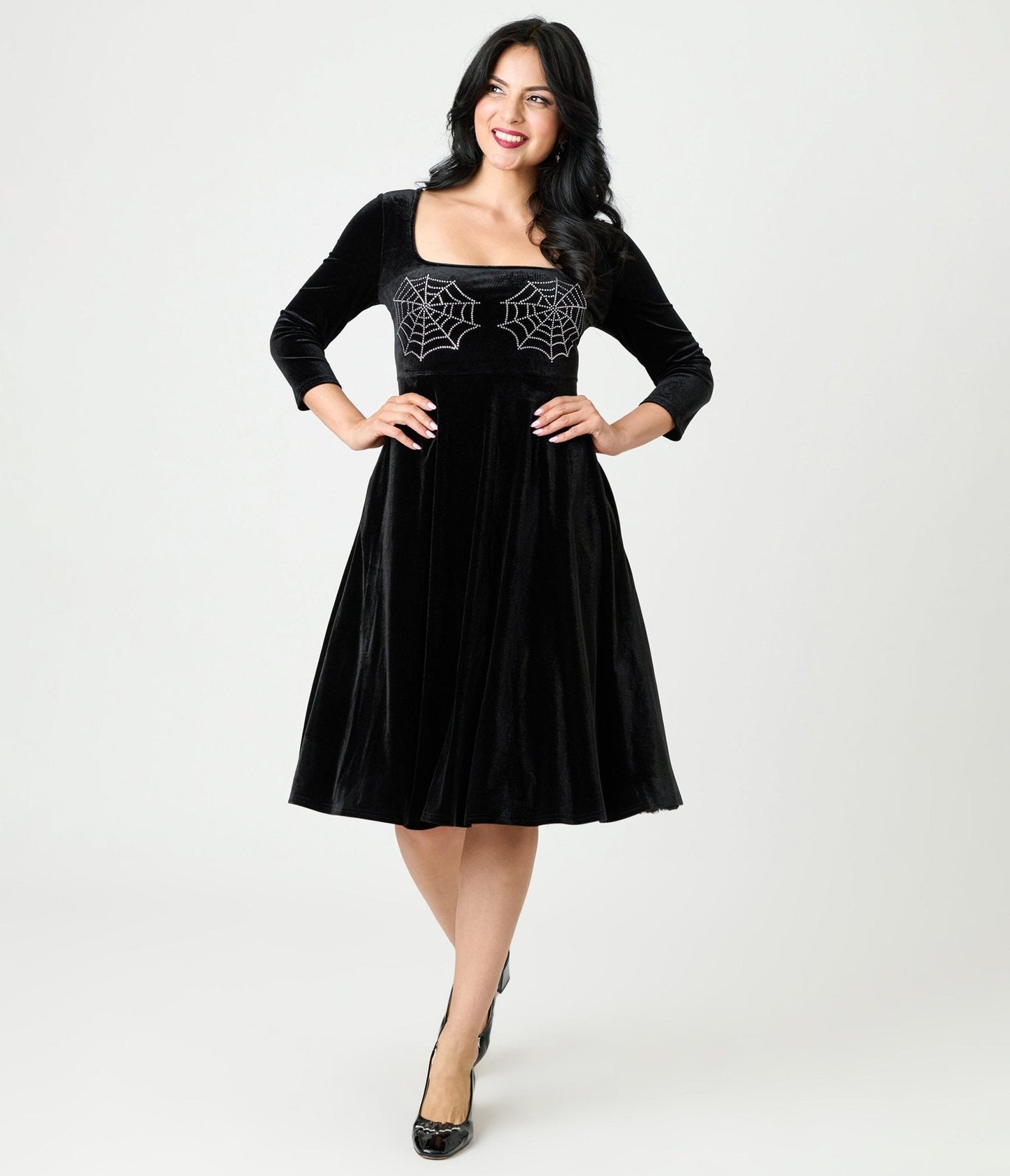Unique Vintage Black Spiderweb Square Neck Swing Dress
