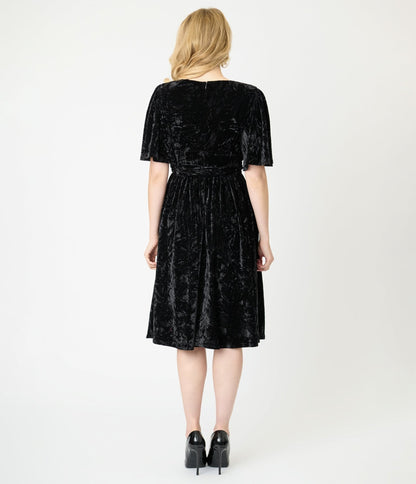 Unique Vintage Black Velvet Flutter Sleeve Lenora Swing Dress