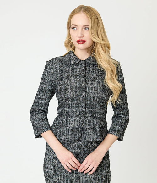 Unique Vintage Black & White Plaid Boucle Peplum Jacket
