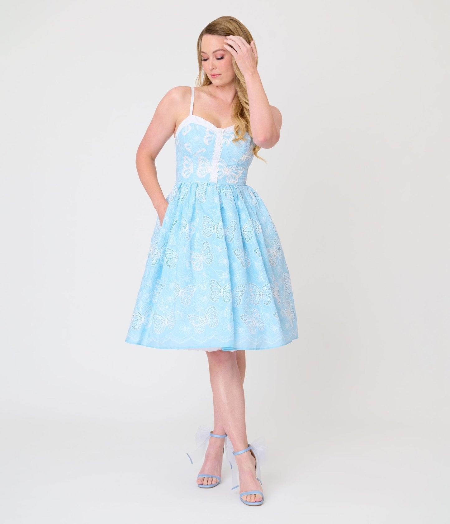Unique Vintage Blue Butterfly Eyelet Swing Dress