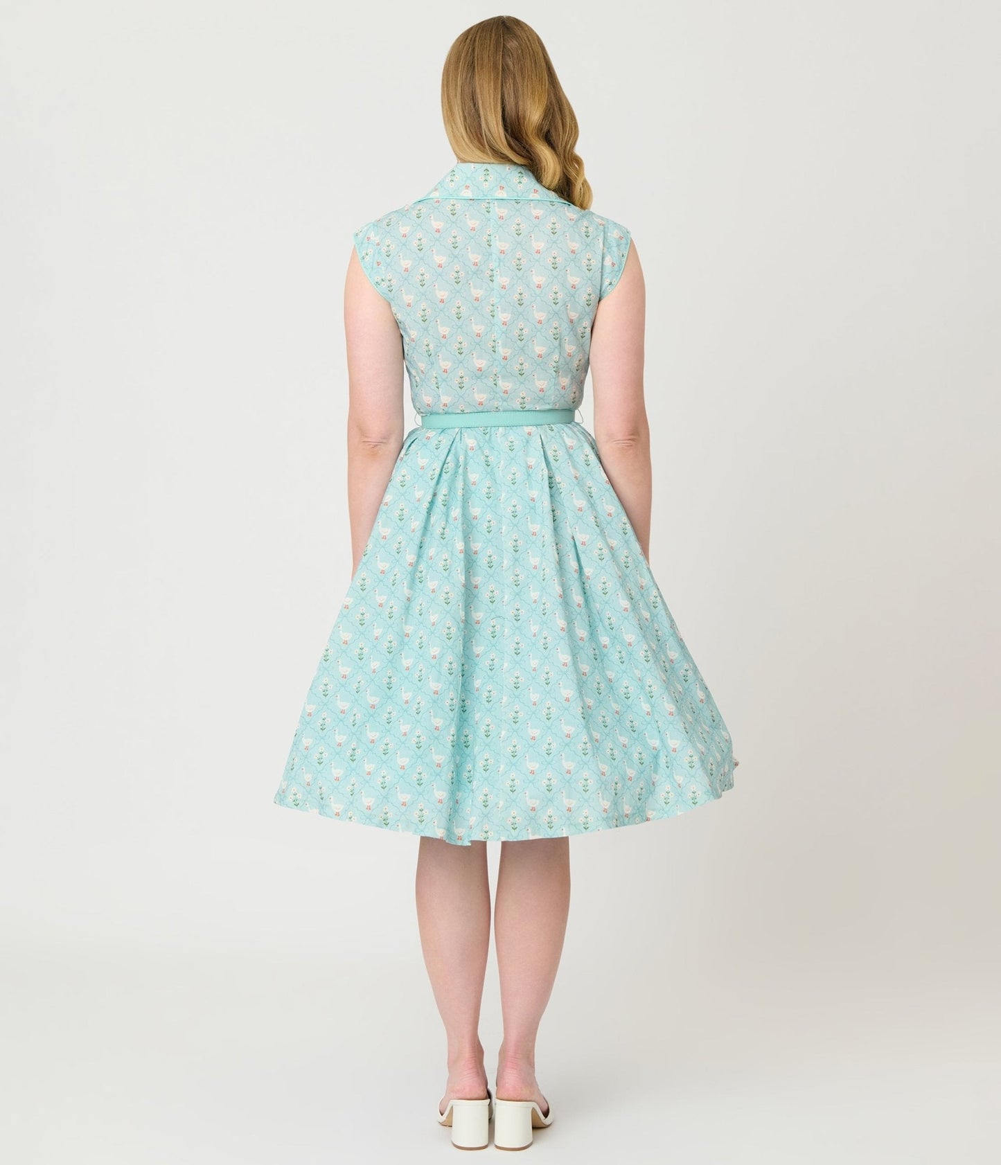 Unique Vintage Blue & Goose Print Cotton Shirt Swing Dress