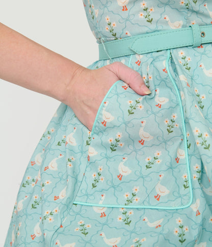 Unique Vintage Blue & Goose Print Cotton Shirt Swing Dress