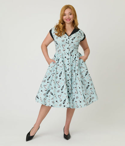 Unique Vintage Blue Stripe & Paris Cafe Print Swing Dress
